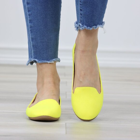 Neon Yellow Faux Suede Rounded Toe Slip On Flat Shoes - Picture 8 of 11